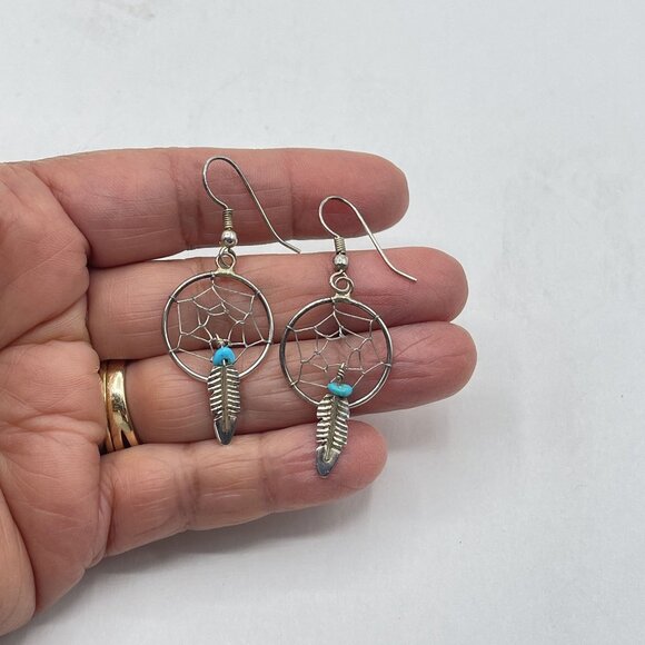 Dream Catcher Turquoise Sterling Silver Native American Earrings - Picture 3 of 5